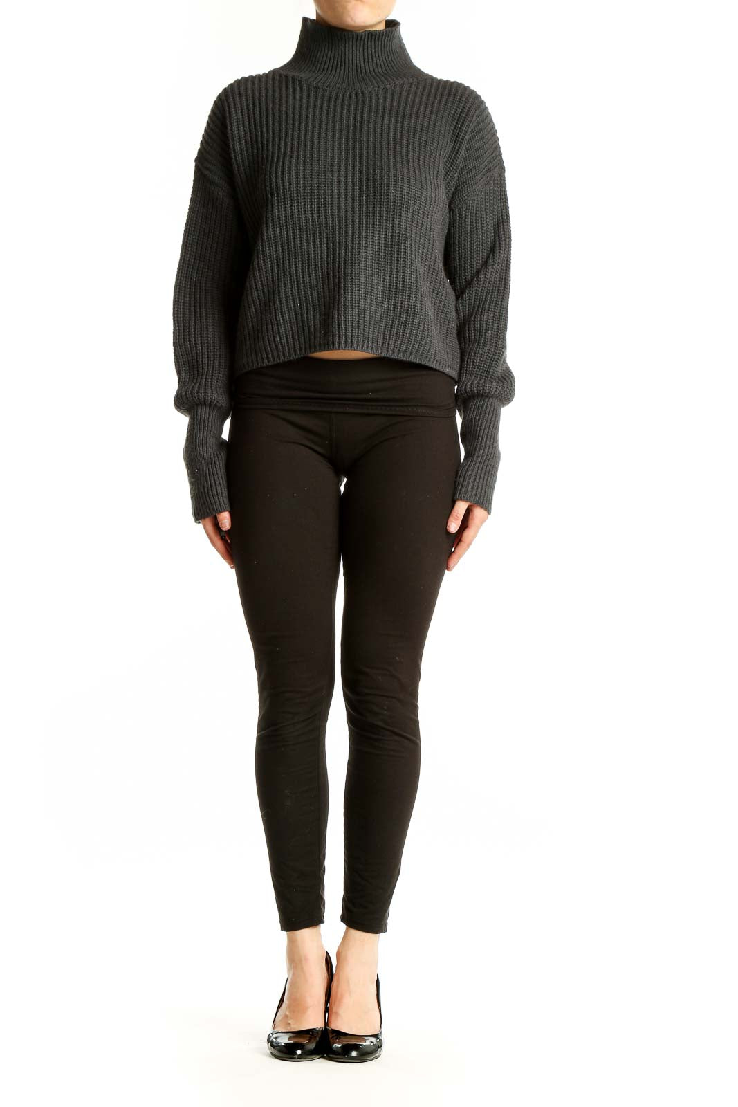 Front view of charcoal cropped turtleneck sweater with ribbed texture