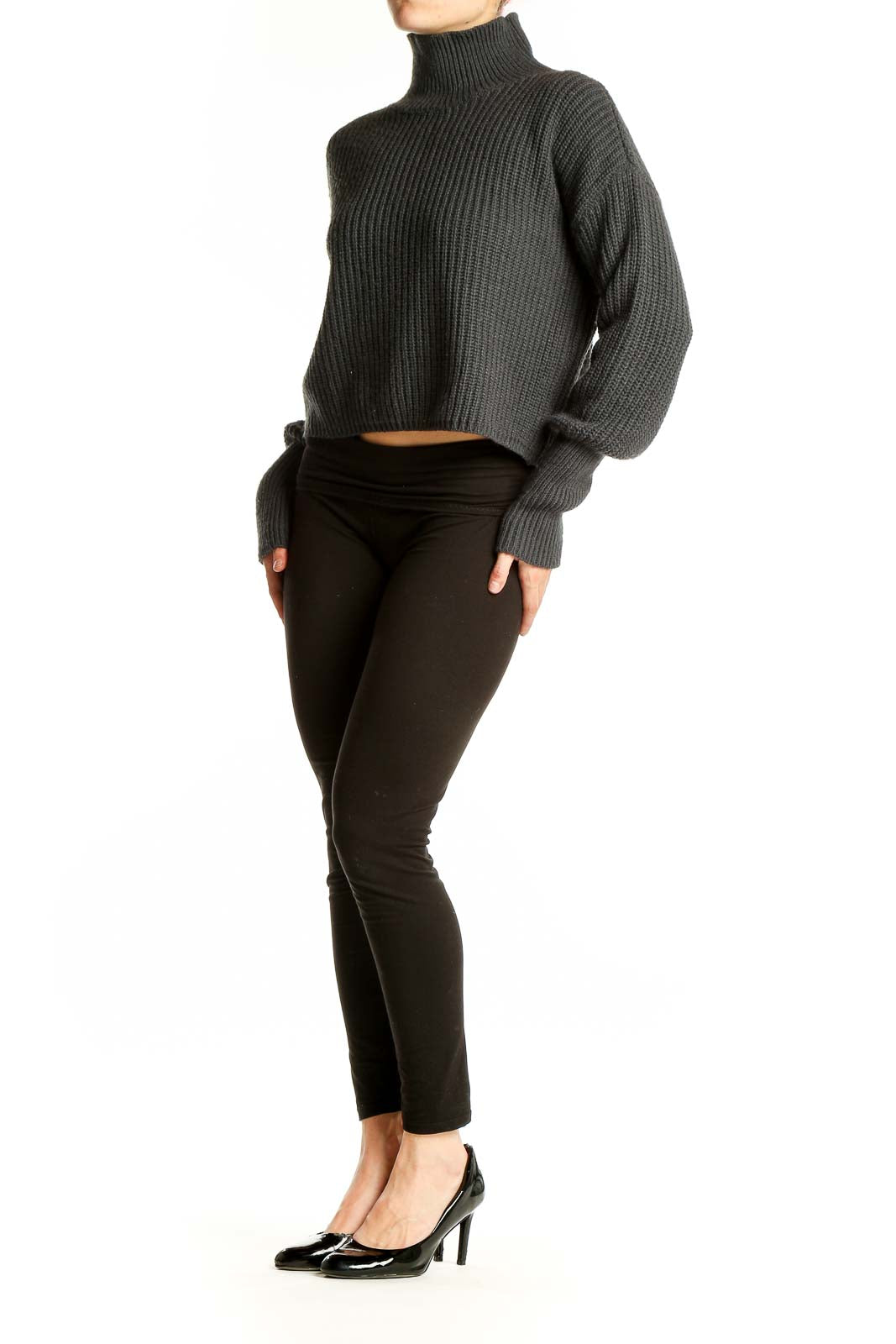 Front view of charcoal cropped turtleneck sweater with ribbed texture