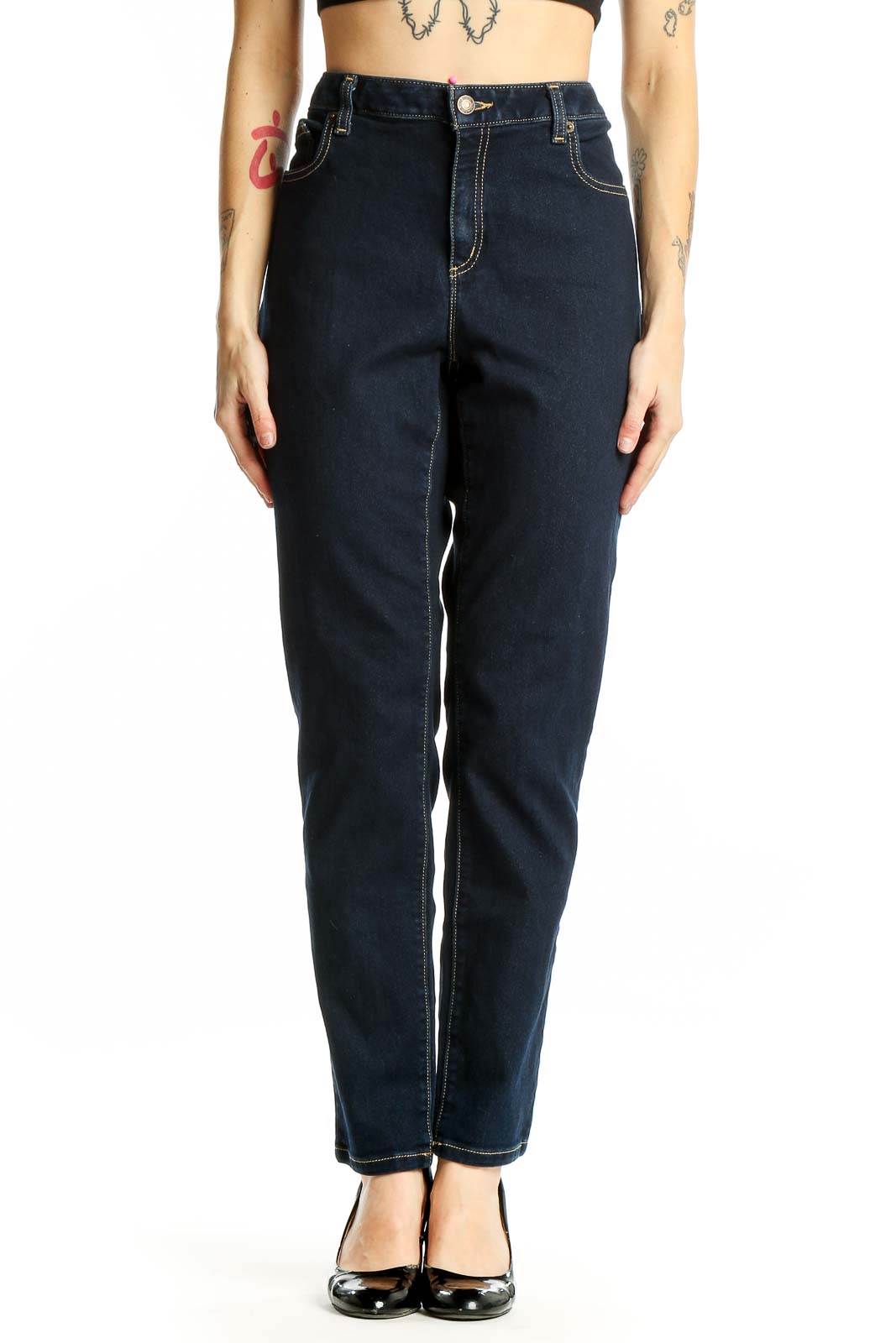 Front view of Michael Kors dark blue high-waisted straight leg jeans