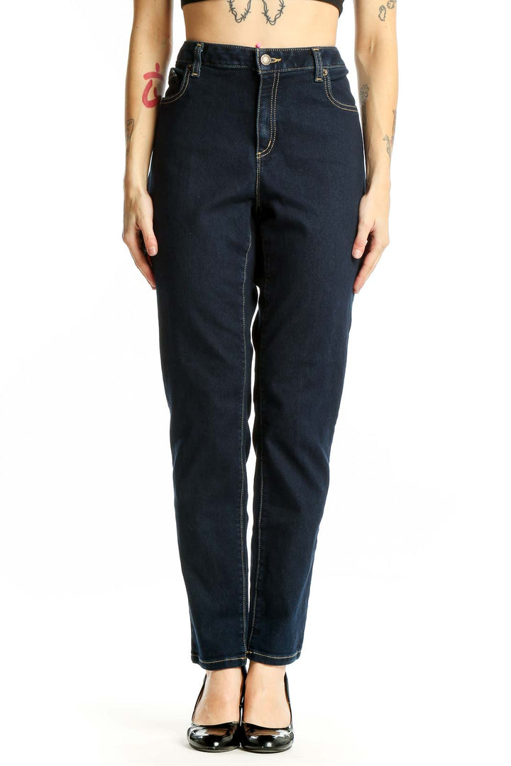 Front view of Michael Kors dark blue high-waisted straight leg jeans