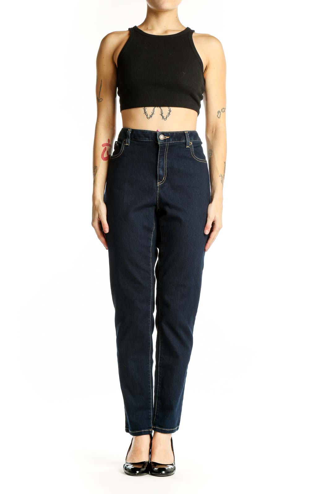 Front view of Michael Kors dark blue high-waisted straight leg jeans