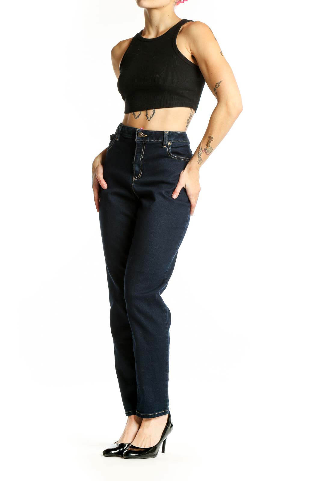 Front view of Michael Kors dark blue high-waisted straight leg jeans