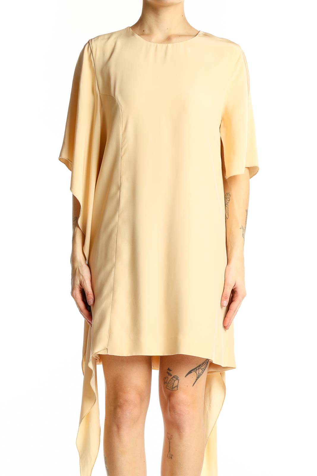 Front view of C/MEO Collective cream silk asymmetrical cocktail dress