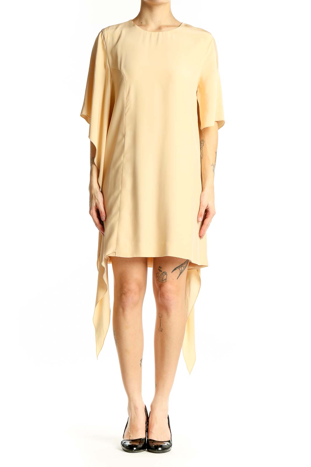 Front view of C/MEO Collective cream silk asymmetrical cocktail dress
