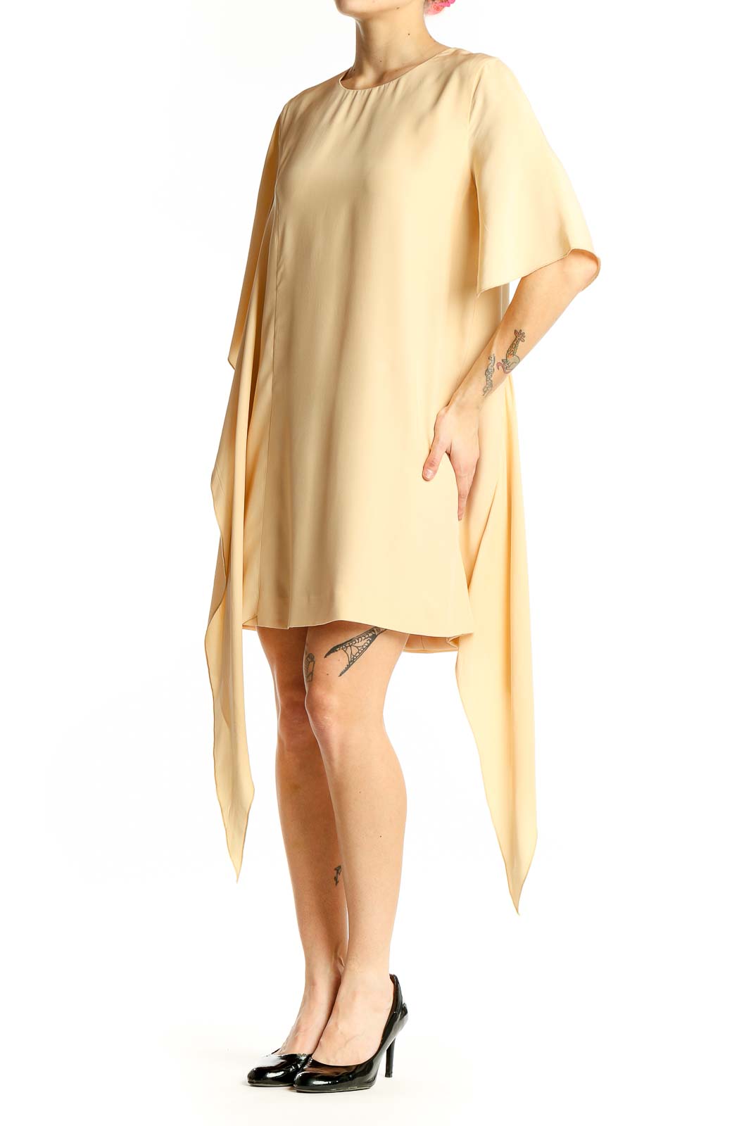 Front view of C/MEO Collective cream silk asymmetrical cocktail dress