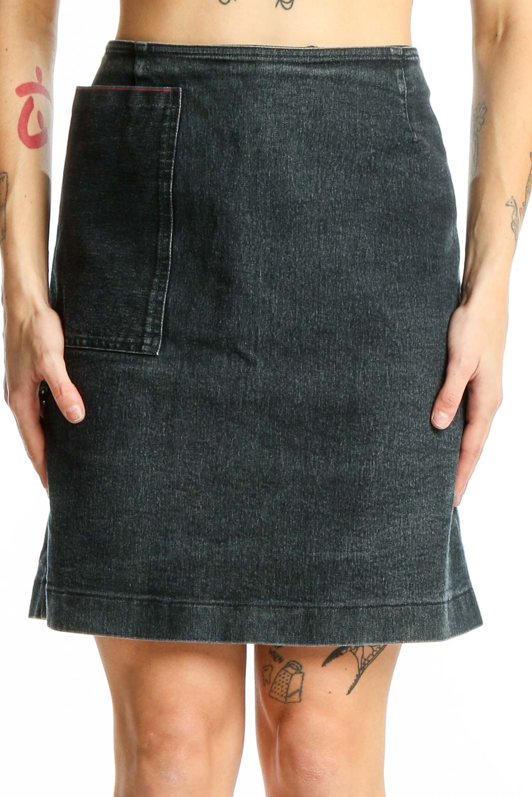 Front view of Armani Jeans dark blue denim A-line skirt with large front pocket