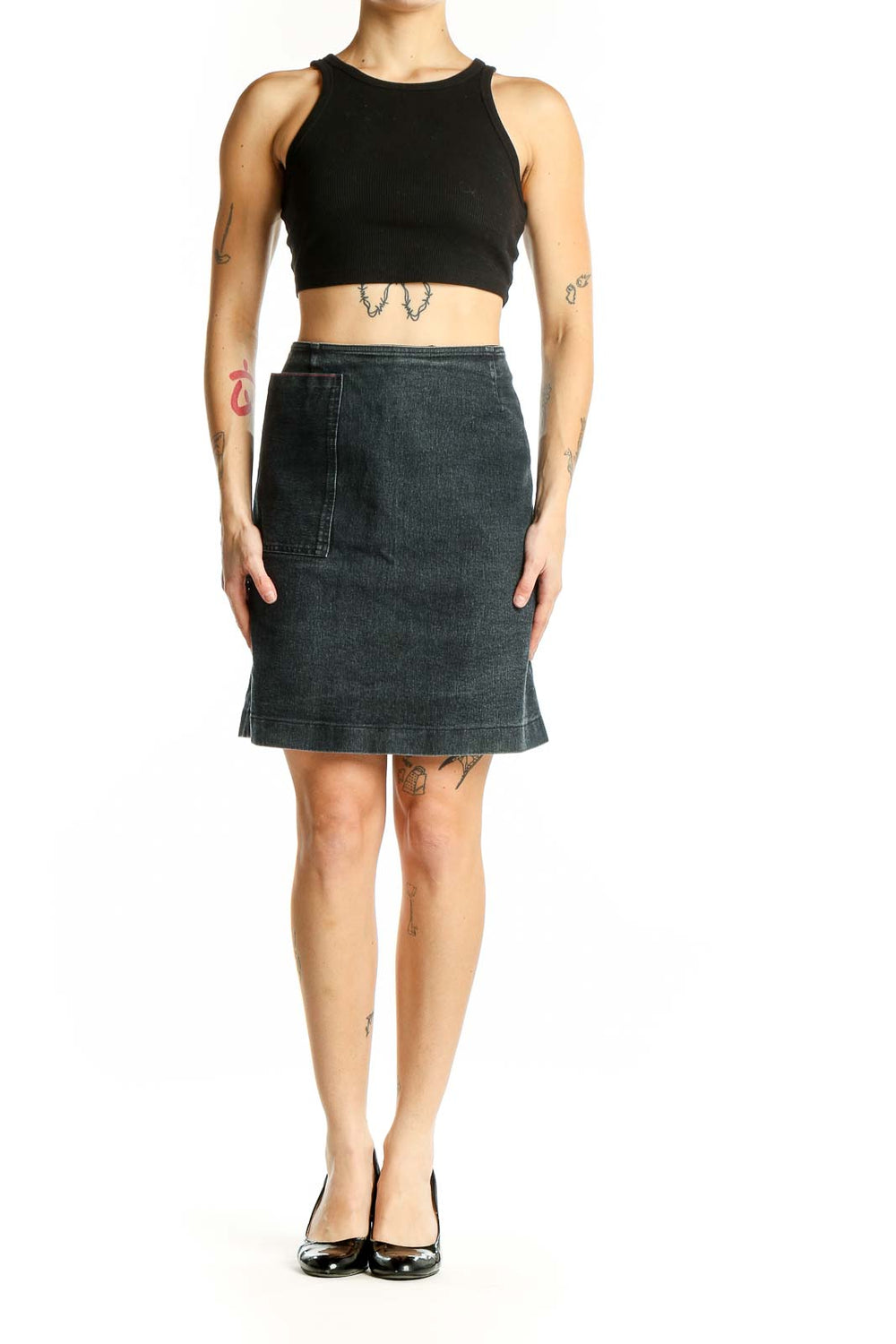 Front view of Armani Jeans dark blue denim A-line skirt with large front pocket