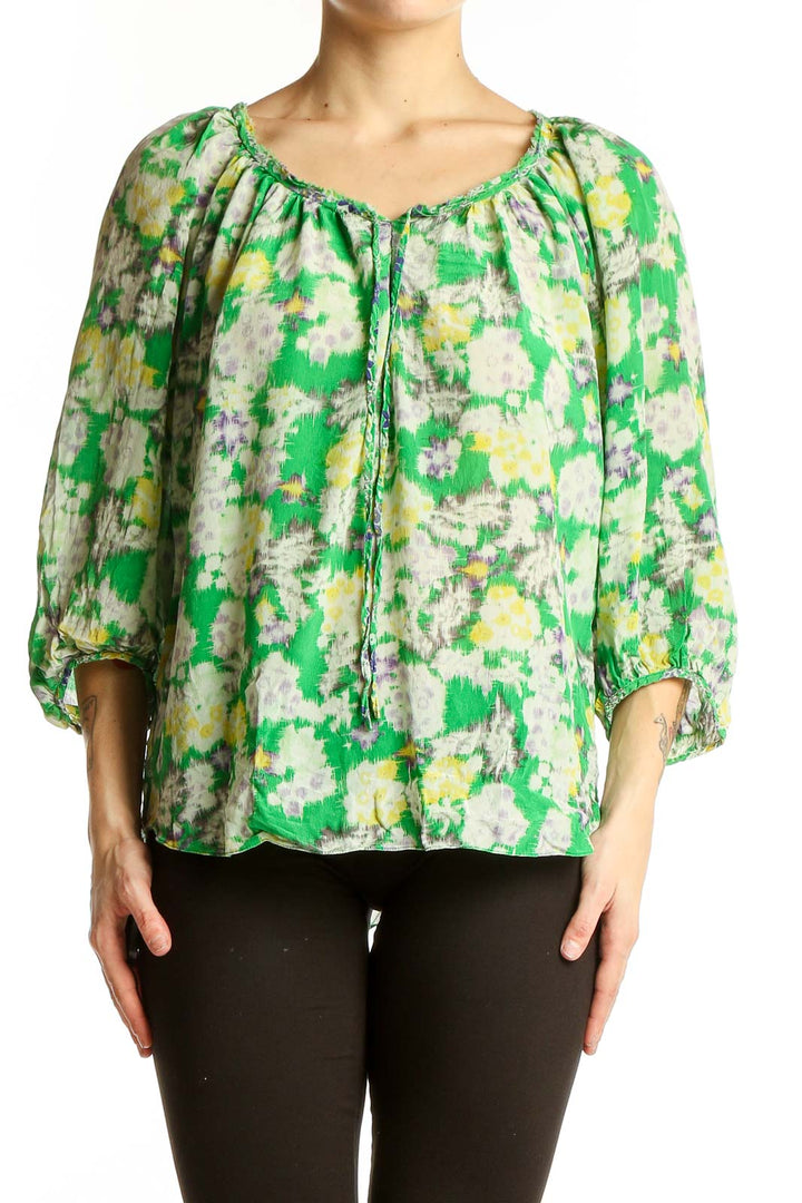 Front view of Rebecca Taylor green floral silk peasant blouse with tie neckline