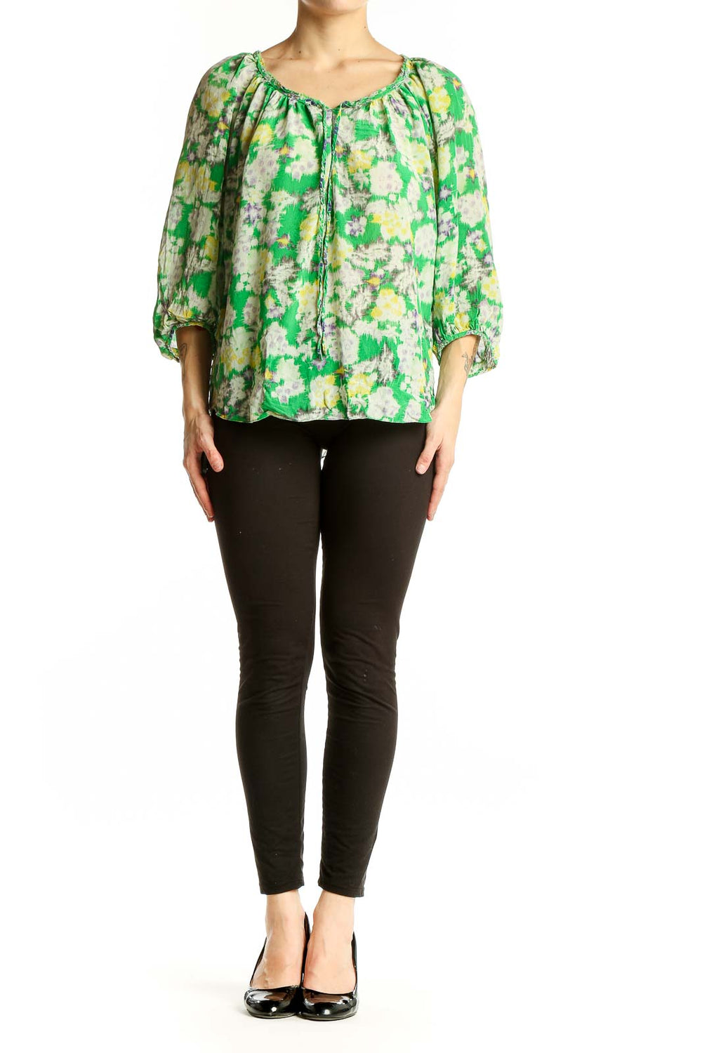 Front view of Rebecca Taylor green floral silk peasant blouse with tie neckline