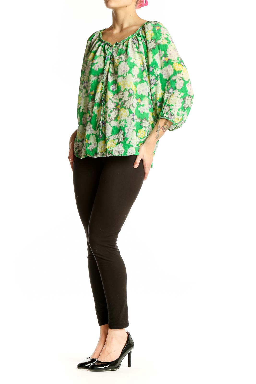 Front view of Rebecca Taylor green floral silk peasant blouse with tie neckline