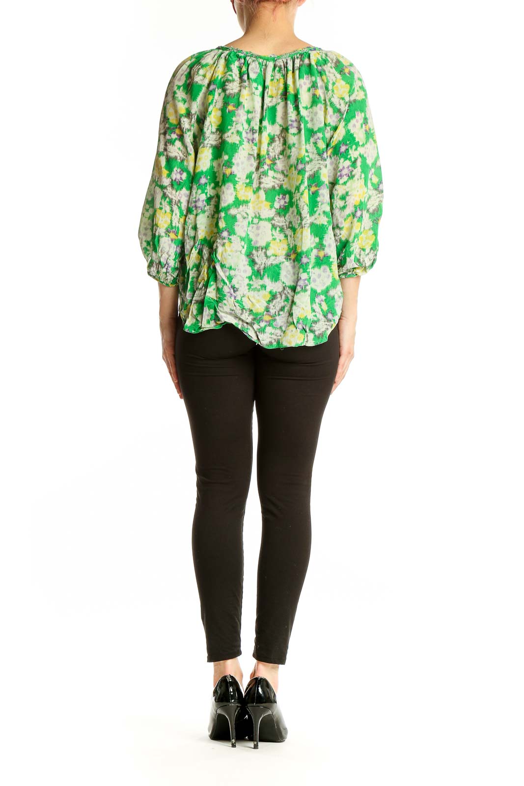 Side view of Rebecca Taylor green floral silk peasant blouse showing voluminous sleeves