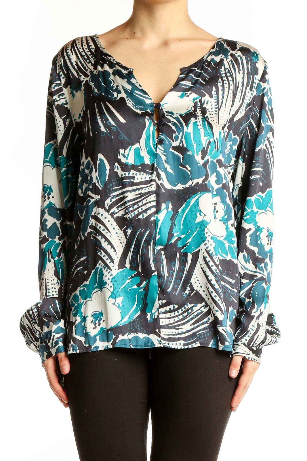 Front view of Sanctuary teal floral print long sleeve blouse