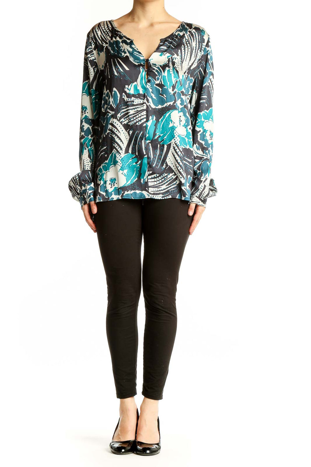 Front view of Sanctuary teal floral print long sleeve blouse