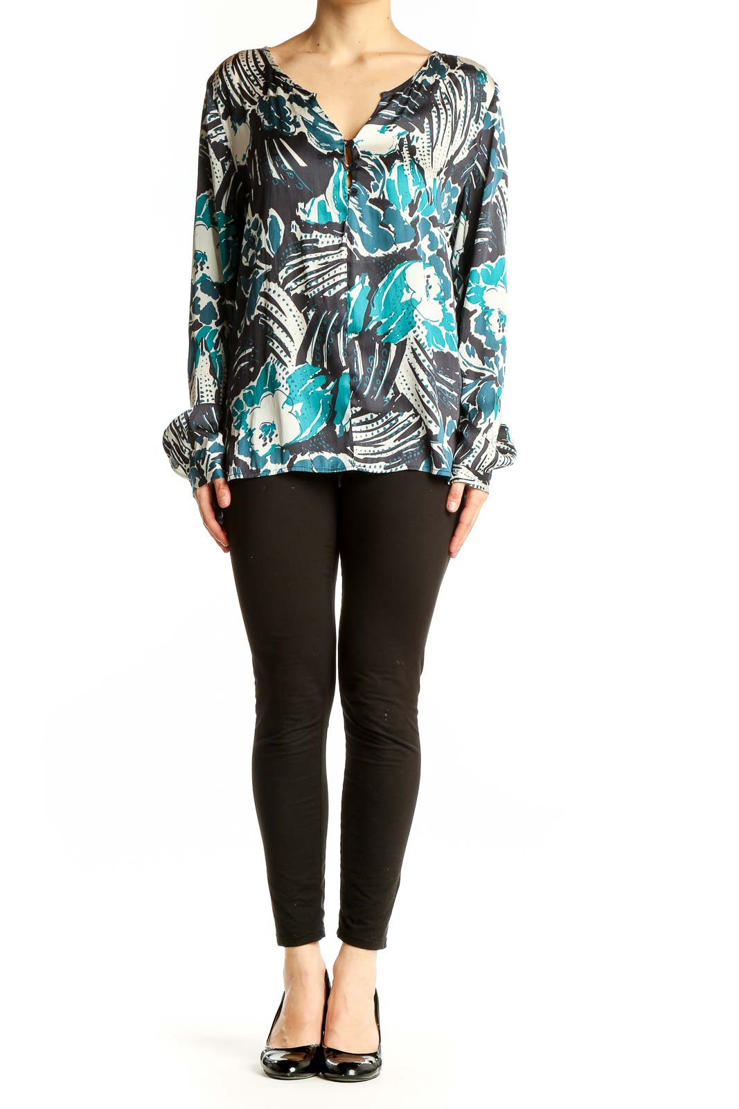 Front view of Sanctuary teal floral print long sleeve blouse