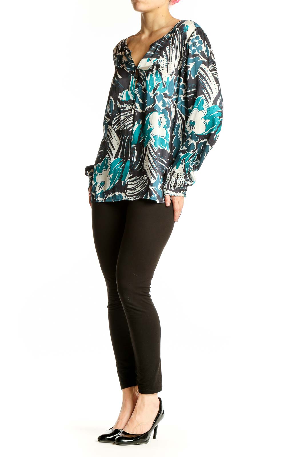 Front view of Sanctuary teal floral print long sleeve blouse