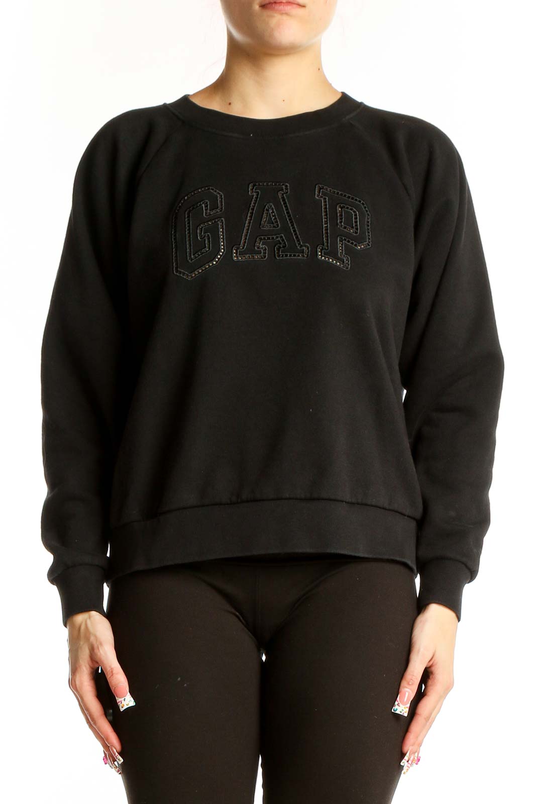 Front view of black GAP logo sweatshirt with tonal design