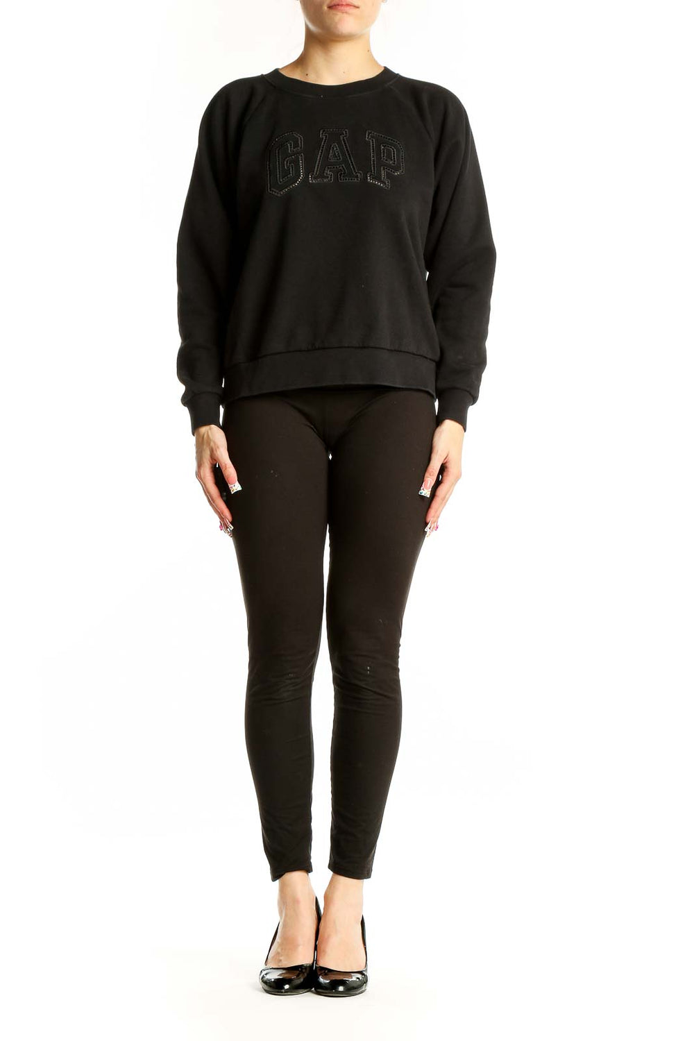 Front view of black GAP logo sweatshirt with tonal design