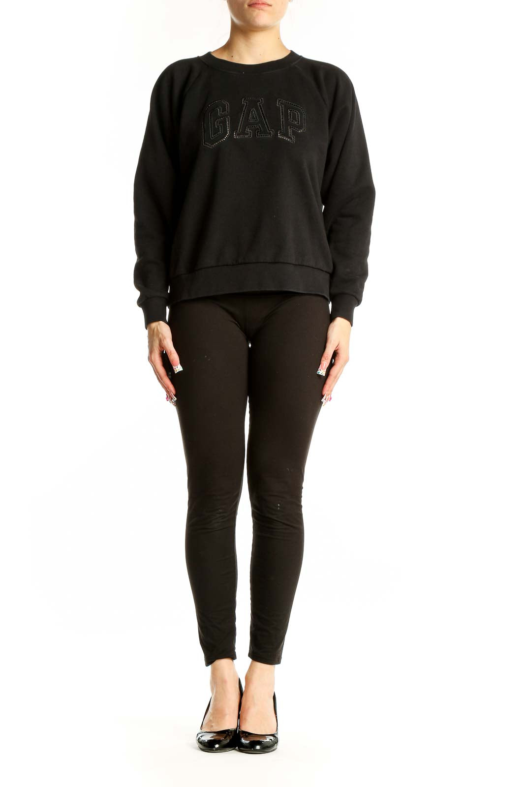 Front view of black GAP logo sweatshirt with tonal design