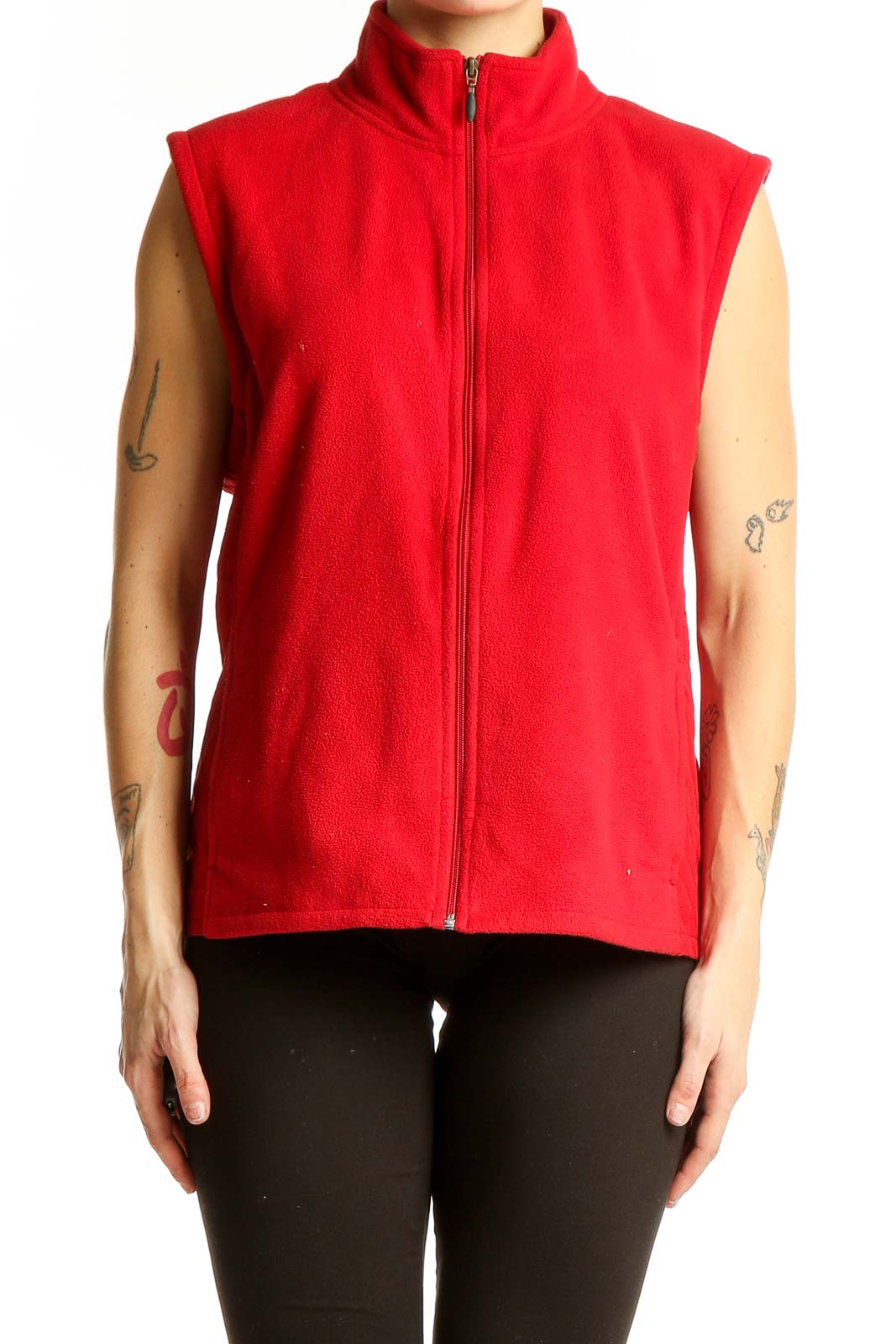 Front view of red Columbia polyester fleece vest with full-zip closure
