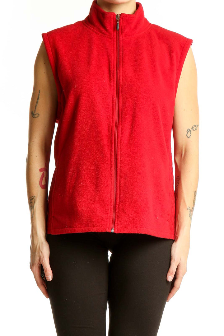 Front view of red Columbia polyester fleece vest with full-zip closure