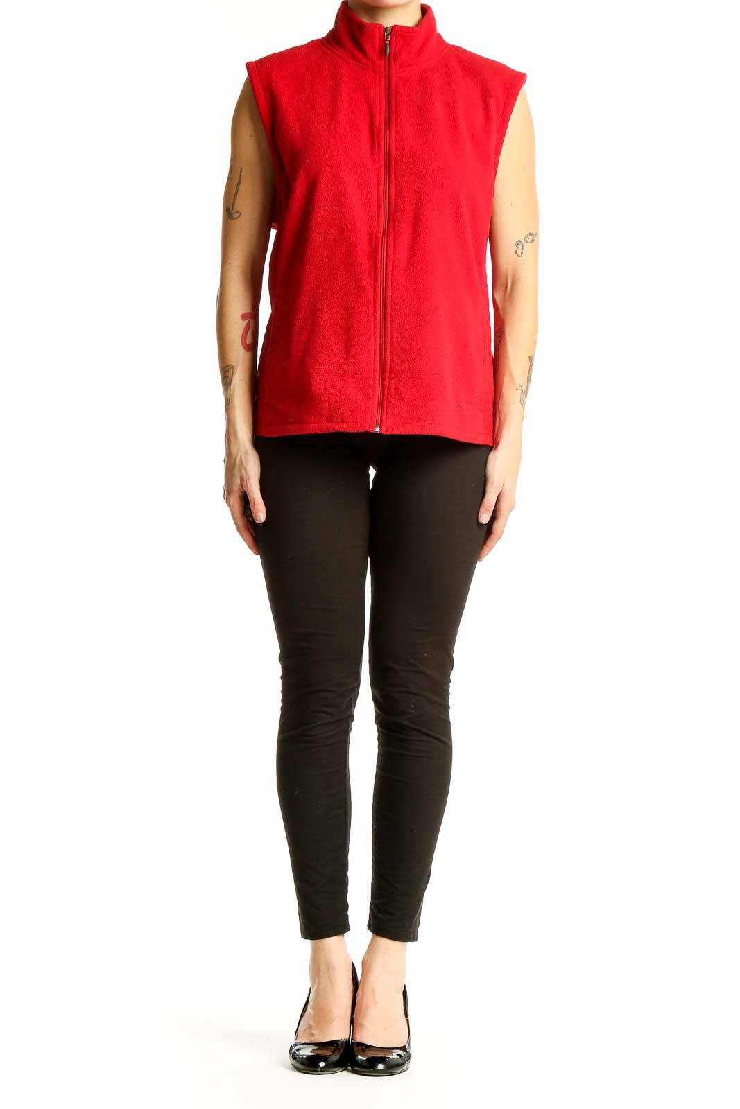 Front view of red Columbia polyester fleece vest with full-zip closure