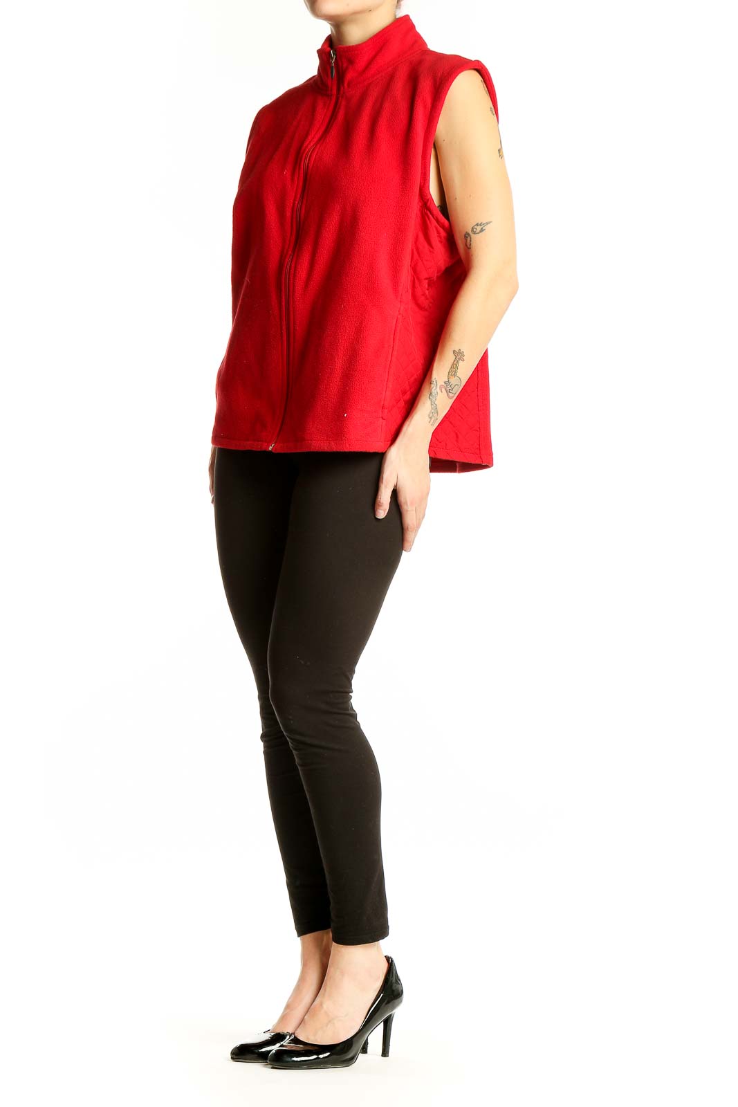 Front view of red Columbia polyester fleece vest with full-zip closure