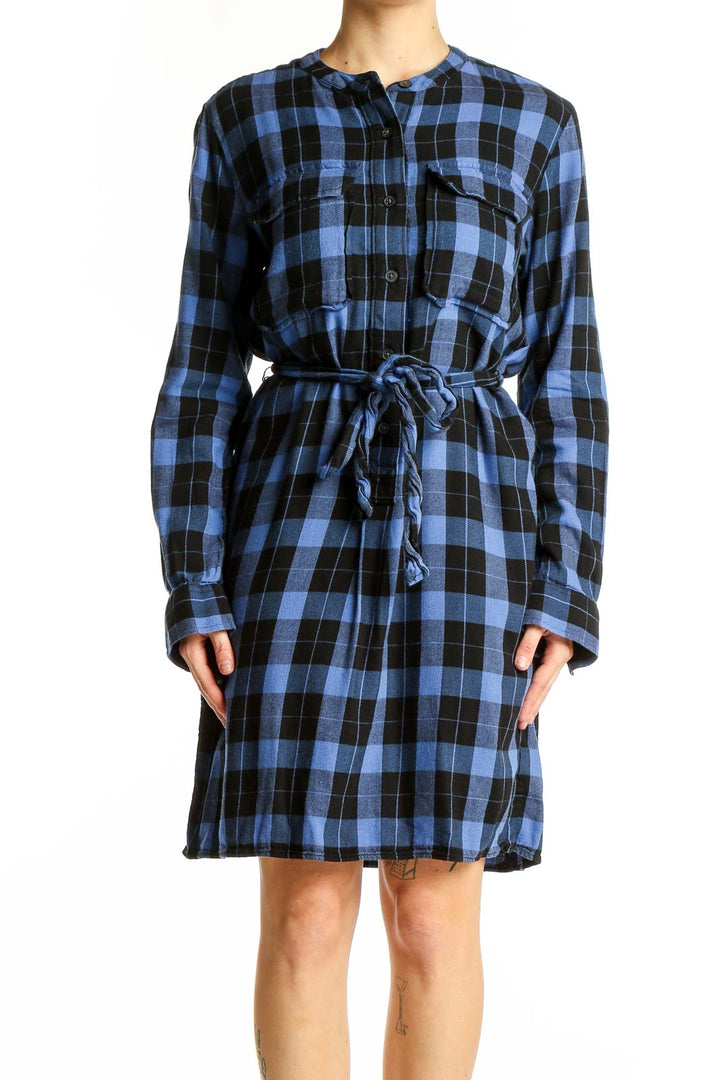 Front view of blue and black plaid Gap shirt dress with button-front and tie waist