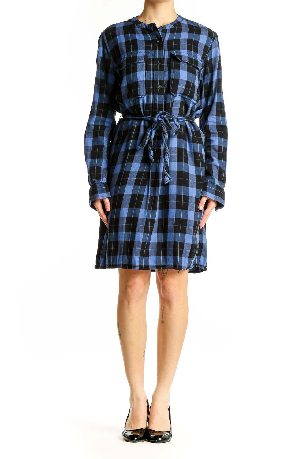 Front view of blue and black plaid Gap shirt dress with button-front and tie waist