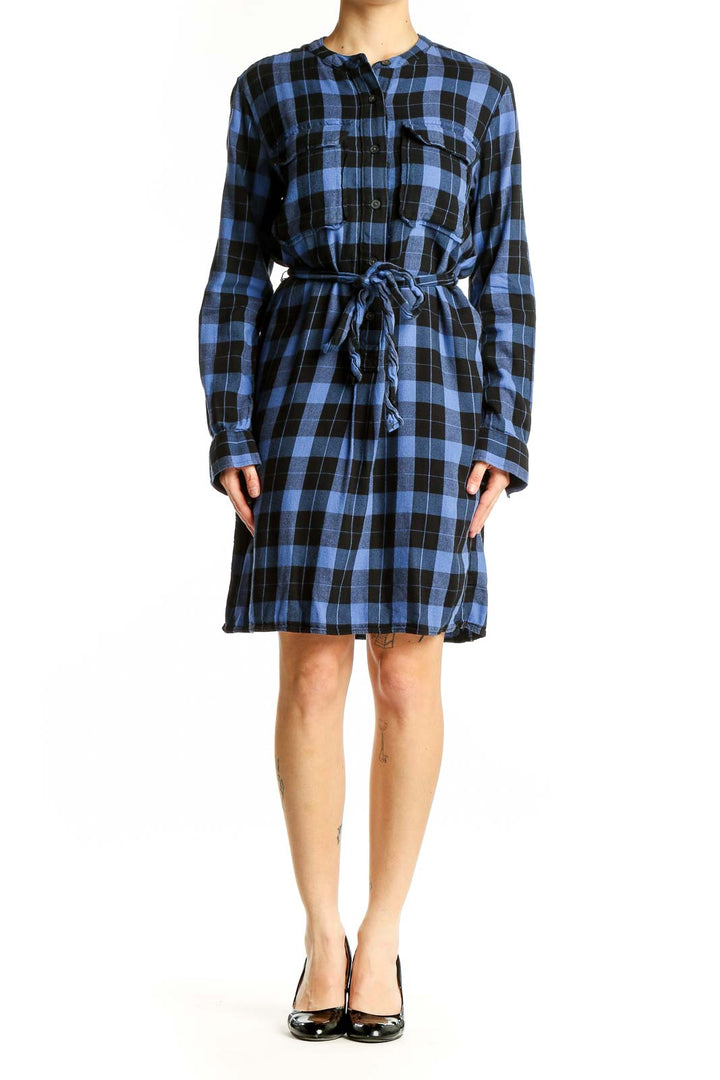 Front view of blue and black plaid Gap shirt dress with button-front and tie waist