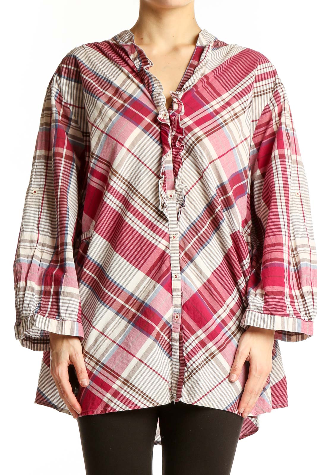 Front view of Tommy Hilfiger red plaid cotton button-up tunic