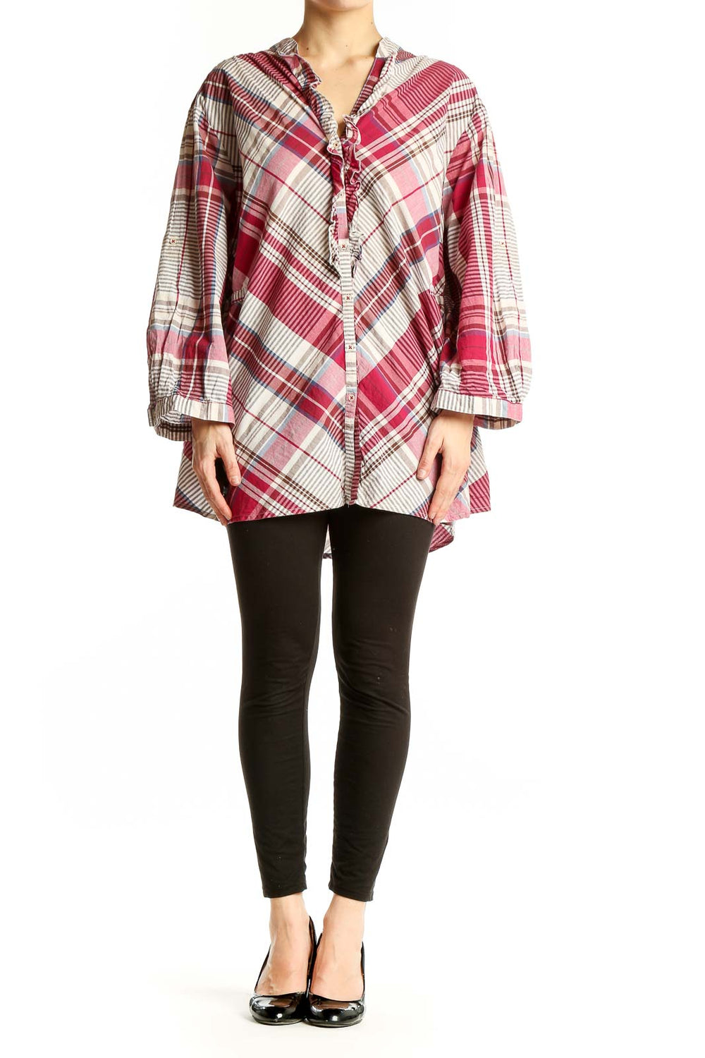 Front view of Tommy Hilfiger red plaid cotton button-up tunic