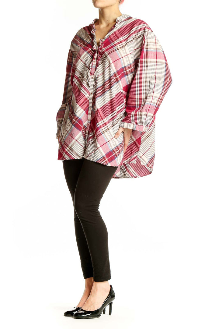 Front view of Tommy Hilfiger red plaid cotton button-up tunic