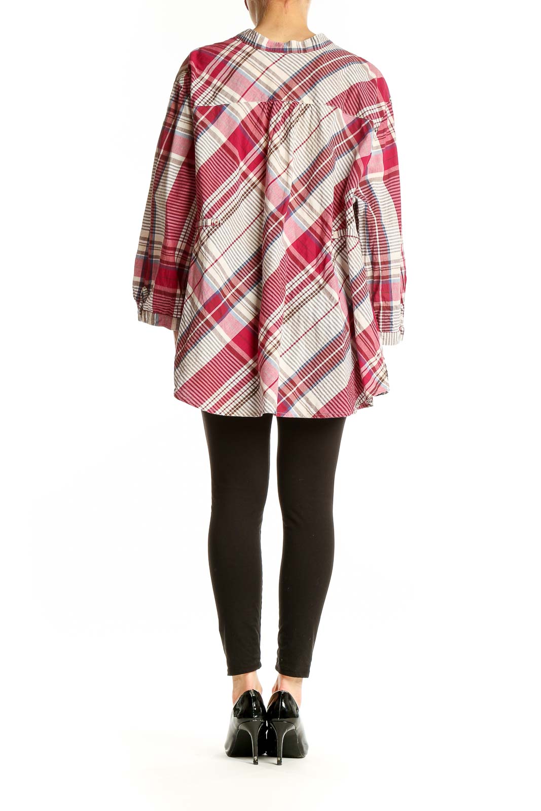 Back view of Tommy Hilfiger red plaid cotton button-up tunic on model