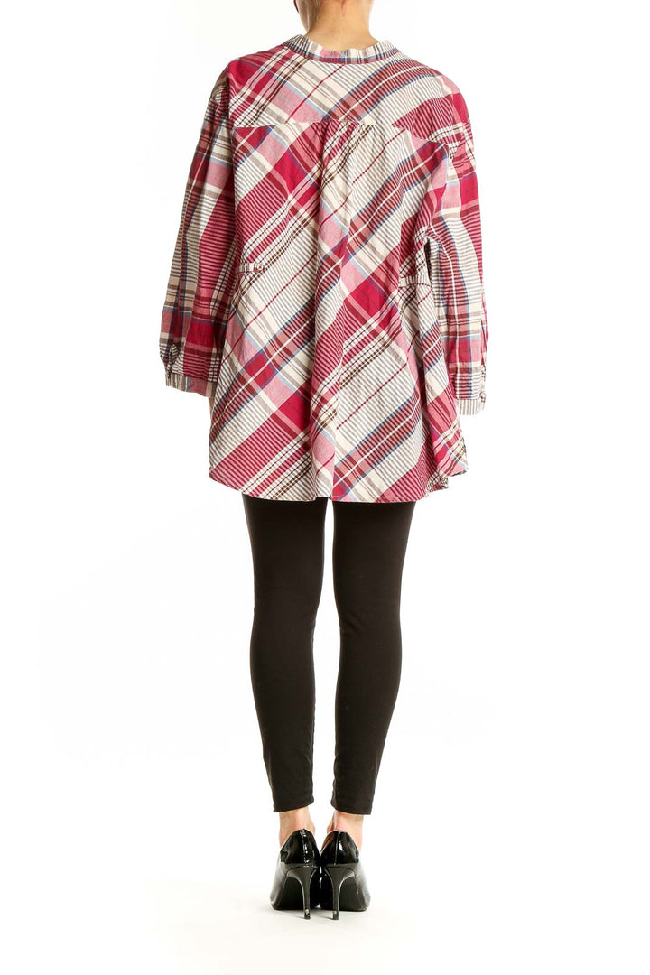 Back view of Tommy Hilfiger red plaid cotton button-up tunic on model