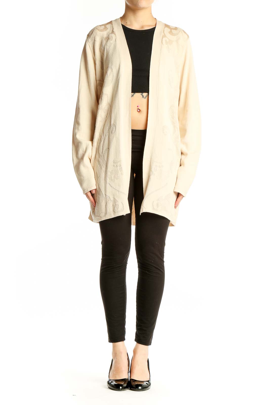 Front view of cream Dana Buchman embroidered open front cardigan