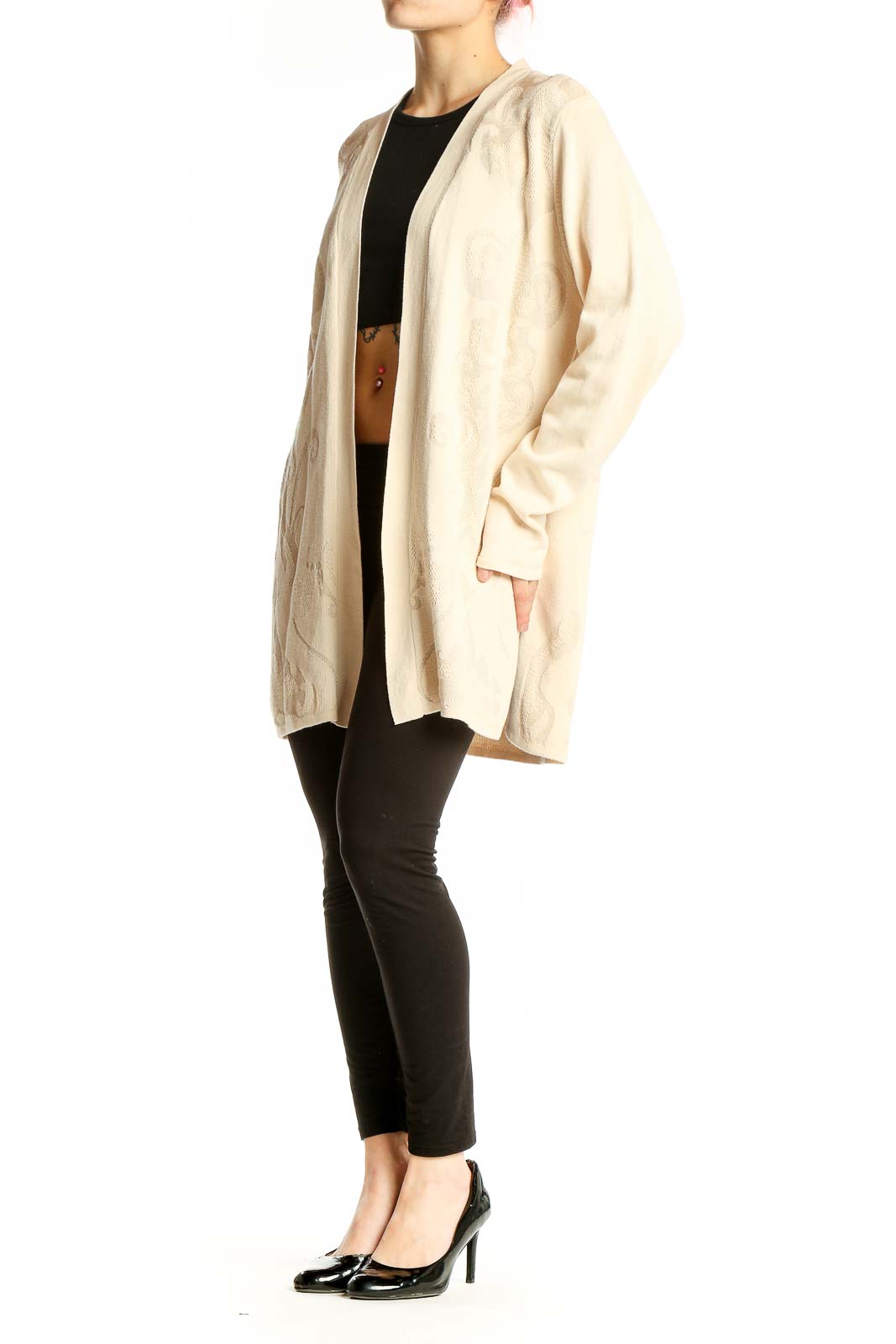 Front view of cream Dana Buchman embroidered open front cardigan