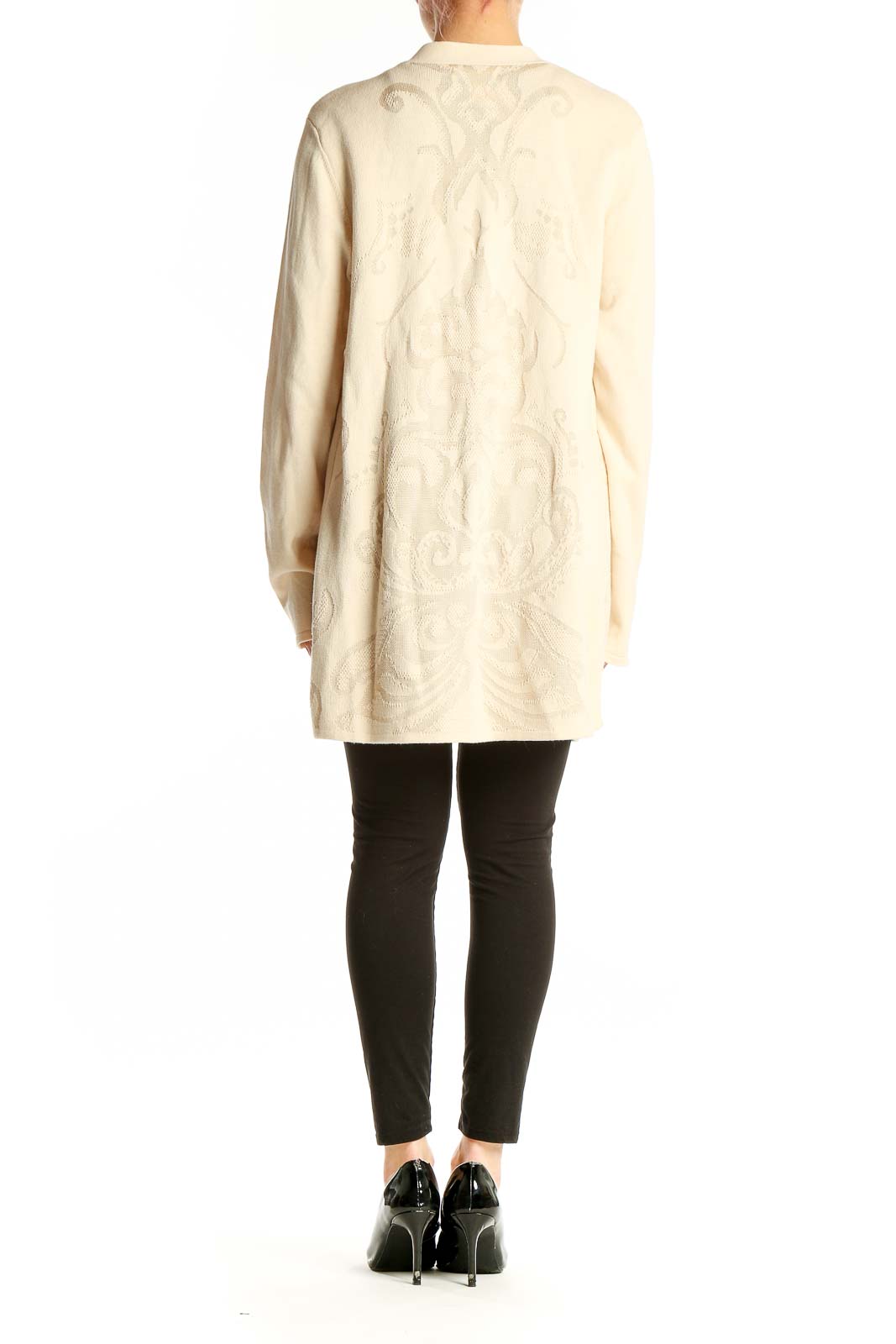 Back view of cream Dana Buchman embroidered open front cardigan