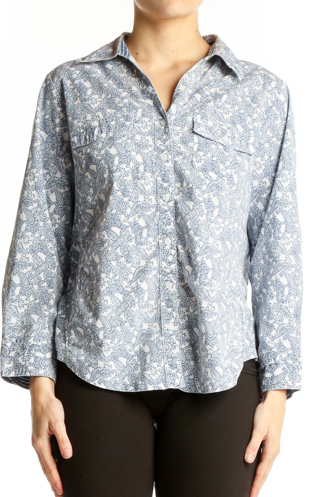 Front view of Croft & Barrow blue floral print button-up shirt