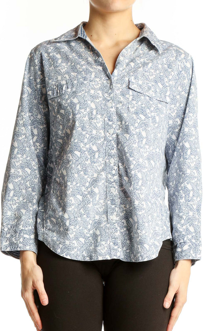 Front view of Croft & Barrow blue floral print button-up shirt