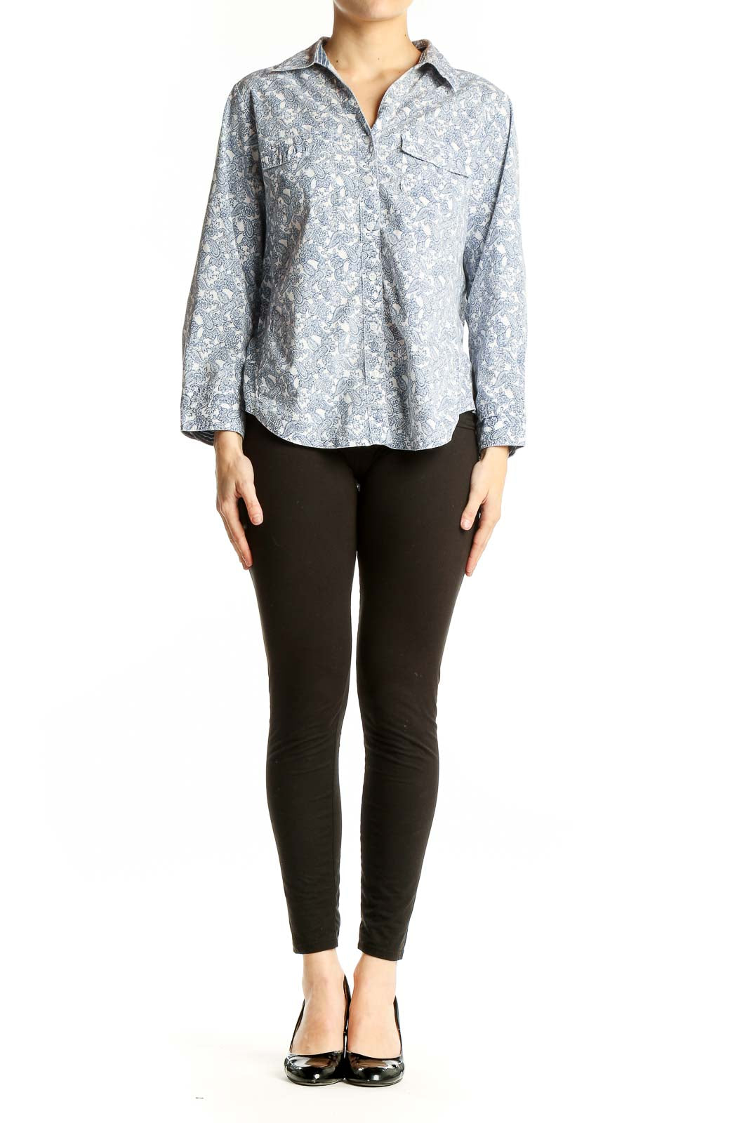 Front view of Croft & Barrow blue floral print button-up shirt