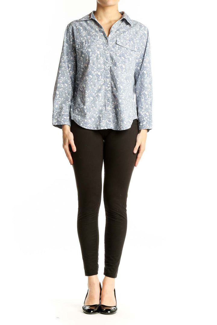 Front view of Croft & Barrow blue floral print button-up shirt