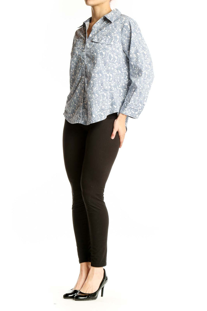 Front view of Croft & Barrow blue floral print button-up shirt