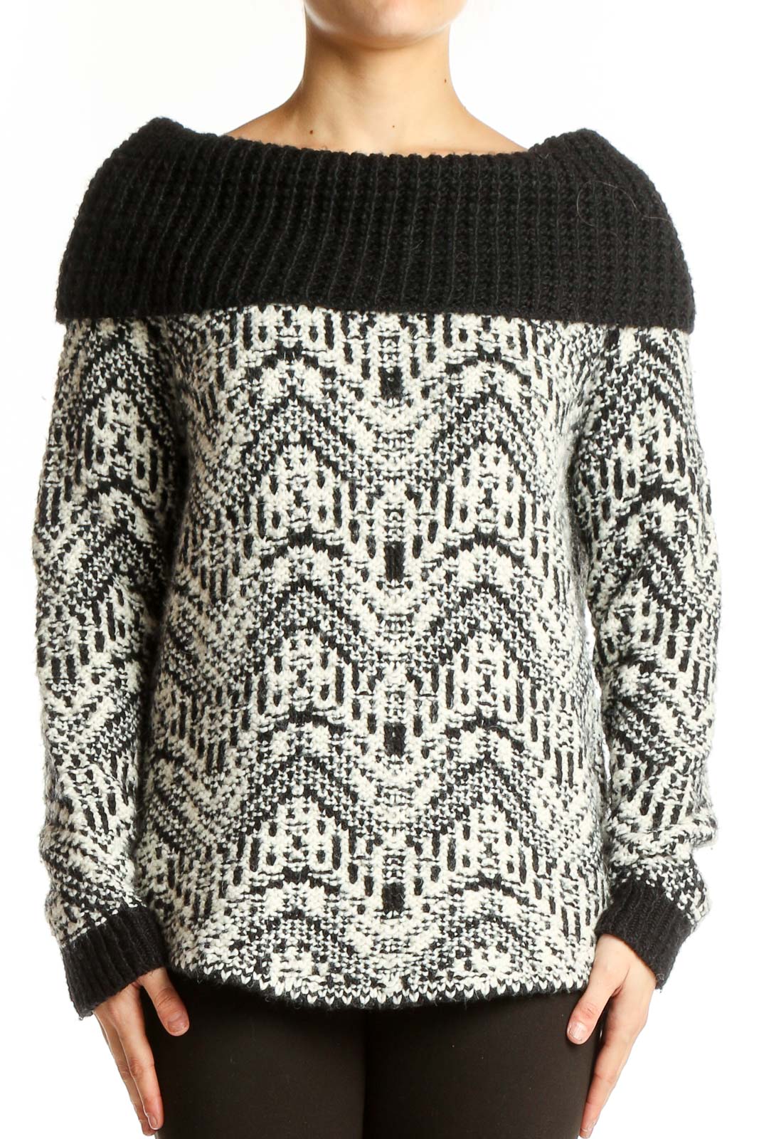 Front view of Abercrombie & Fitch black and white patterned cowl neck sweater