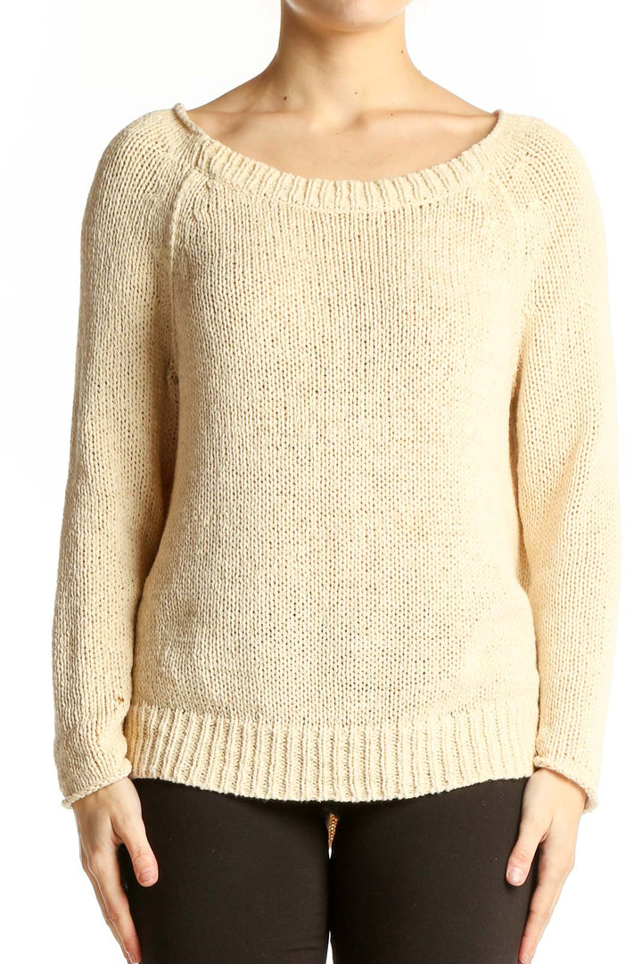 Front view of Vince cream knit sweater with boat neckline