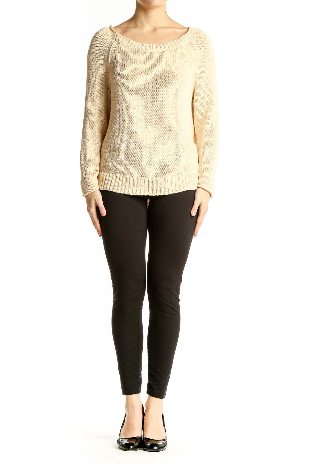 Front view of Vince cream knit sweater with boat neckline