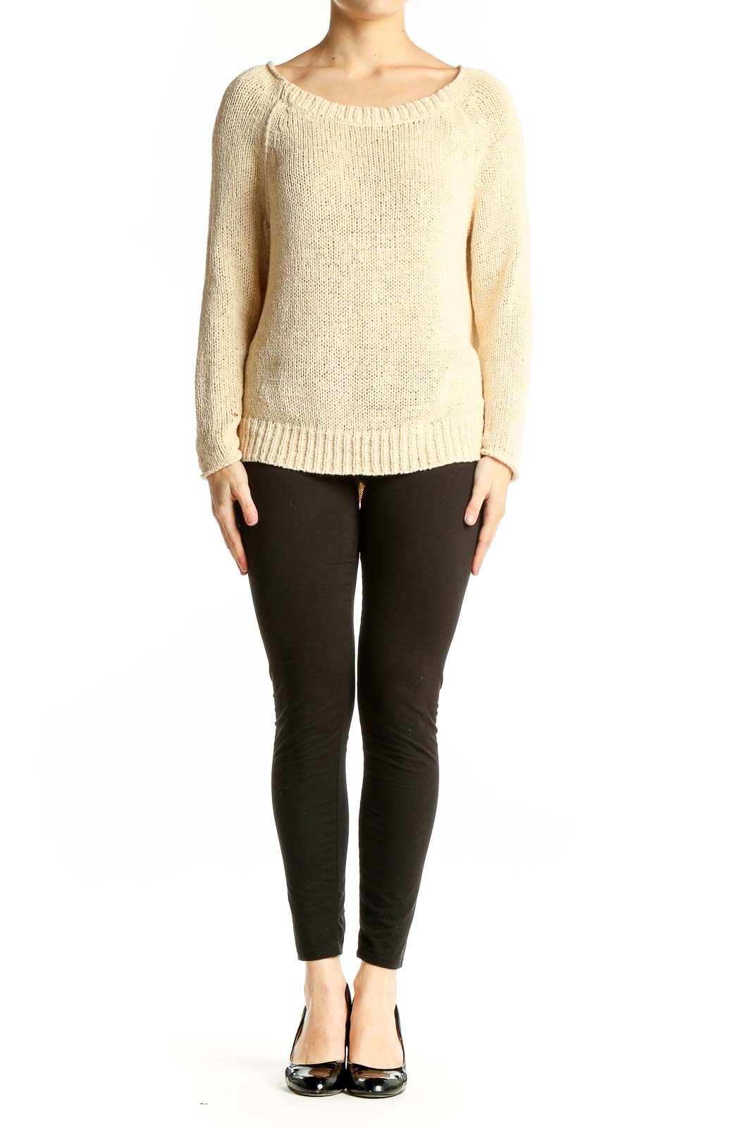 Front view of Vince cream knit sweater with boat neckline