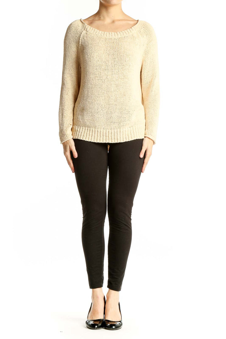 Front view of Vince cream knit sweater with boat neckline