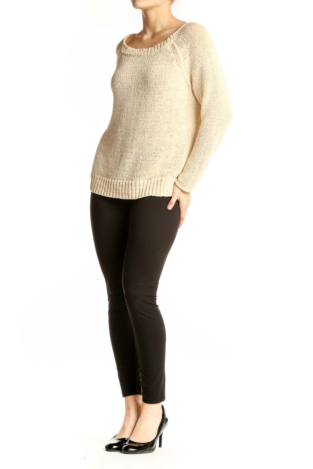 Front view of Vince cream knit sweater with boat neckline