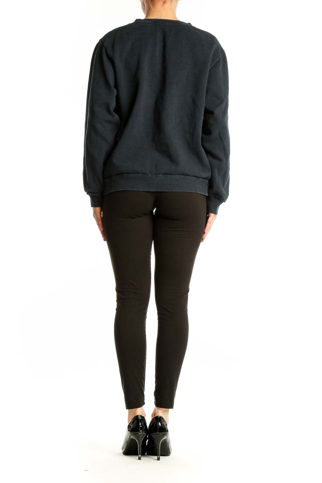 Back view of Rouje Paris black cotton crewneck sweatshirt on model