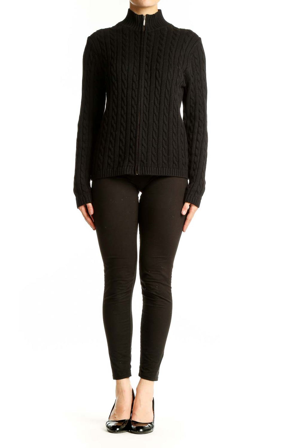 Front view of L.L.Bean black cable knit zip-up sweater with mock neck